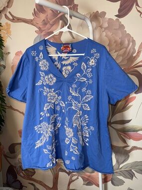 JOHNNY WAS Abigail Embroidered V-Neck Tee - 3X